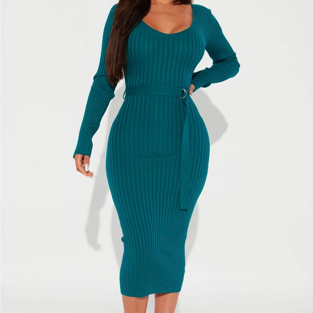 Belted Green Knit Sweater Dress Bodycon